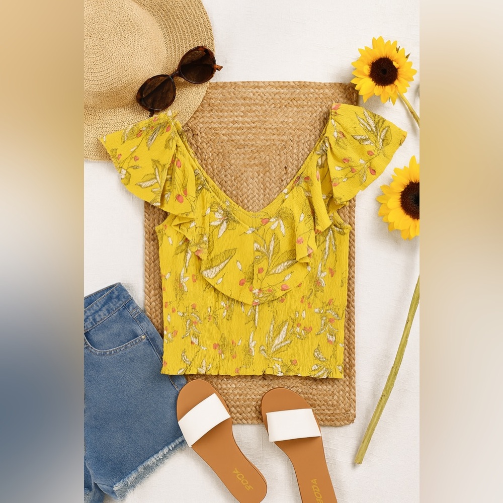 Express Yellow Floral Ruffle Detail Top Size Medium NWOT